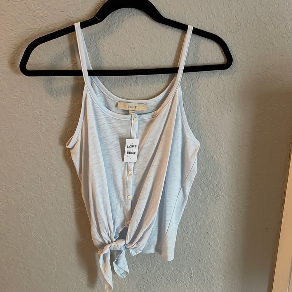 LOFT button tie front tank top- bright skyway blue